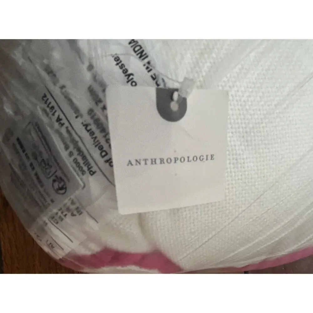 NNWT Pink/White Anthropologie Greek Key Embroidered Indoor/Outdoor Pillow $78